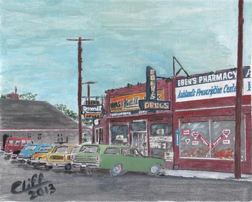 Eber's Pharmacy, circa 1973 - Painting by Cliff Wilson
